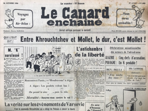 Couac ! | N° 1879 du Canard Enchaîné - 24 Octobre 1956 | Nos Exemplaires du Canard Enchaîné sont archivés dans de bonnes conditions de conservation (obscurité, hygrométrie maitrisée et faible température), ce qui s'avère indispensable pour des journaux anciens. | 1879