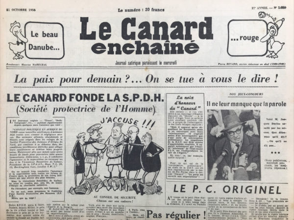 Couac ! | N° 1880 du Canard Enchaîné - 31 Octobre 1956 | Après avoir hésité... par Jérôme Gauthier - L'hésitation du pilote du DC-4 conduisant Ben Bella et ses compagnons à la conférence de Tunis, à obéir à un ordre émanant des autorités françaises lui demandant d'atterrir à Alger.... Un moment lourd de conséquences dans le déroulement du conflit algérien, et dans les relations franco-arabes. Gauthier de s'interroger sur la conduite qu'aurait tenu Saint Exupéry s'il avait été aux commande de cet avion, survolant la terre des hommes. | 1880