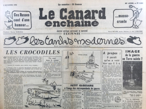 Couac ! | N° 1881 du Canard Enchaîné - 7 Novembre 1956 | NON ! par Morvan Lebesque - Les chars russes viennent d'entrer dans Budapest et ça ne passe pas au Canard... Les Crocodiles, par R. Tréno - Les crocodiles de tous poils, russes, américains, français, anglais, versent des larmes là où d'autres crocodiles montrent les crocs par de "simples opérations de police", comme à Suez, Budapest ou Alger... | 1881