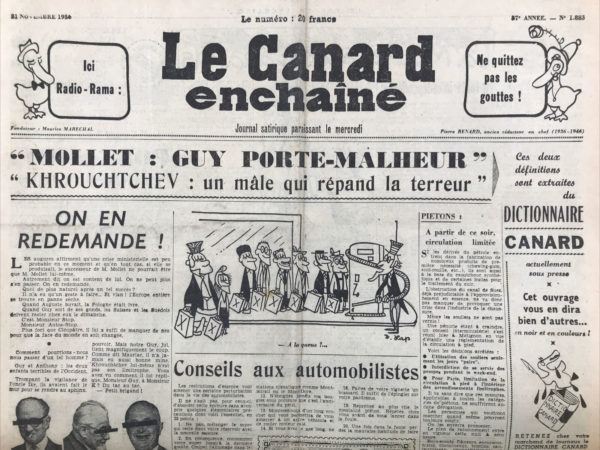 Couac ! | N° 1883 du Canard Enchaîné - 21 Novembre 1956 | Nos Exemplaires du Canard Enchaîné sont archivés dans de bonnes conditions de conservation (obscurité, hygrométrie maitrisée et faible température), ce qui s'avère indispensable pour des journaux anciens. | 1883