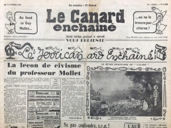 Couac ! | N° 1884 du Canard Enchaîné - 28 Novembre 1956 | Nos Exemplaires du Canard Enchaîné sont archivés dans de bonnes conditions de conservation (obscurité, hygrométrie maitrisée et faible température), ce qui s'avère indispensable pour des journaux anciens. | 1884