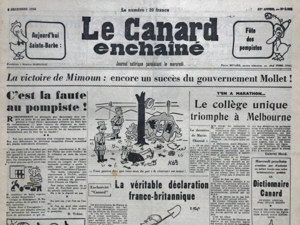 Couac ! | N° 1885 du Canard Enchaîné - 5 Décembre 1956 | Nos Exemplaires du Canard Enchaîné sont archivés dans de bonnes conditions de conservation (obscurité, hygrométrie maitrisée et faible température), ce qui s'avère indispensable pour des journaux anciens. | 1885 1