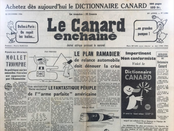 Couac ! | N° 1886 du Canard Enchaîné - 12 Décembre 1956 | L'"Humanité" entre guillemets, par R. Tréno - Il s'élève contre L'Humanité prompte à dénoncer la répression dans les colonies, mais indifférente au sort des "fellagas hongrois" depuis l'invasion soviétique. | 1886