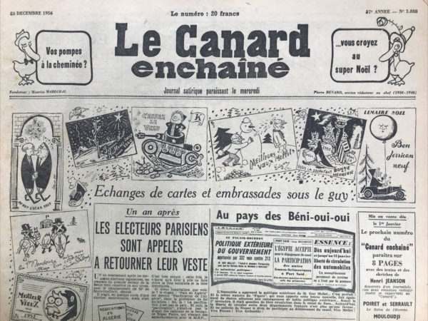 Couac ! | N° 1888 du Canard Enchaîné - 26 Décembre 1956 | Nos Exemplaires du Canard Enchaîné sont archivés dans de bonnes conditions de conservation (obscurité, hygrométrie maitrisée et faible température), ce qui s'avère indispensable pour des journaux anciens. | 1888