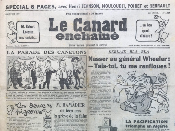 Couac ! | N° 1889 du Canard Enchaîné - 2 Janvier 1957 | Nos Exemplaires du Canard Enchaîné sont archivés dans de bonnes conditions de conservation (obscurité, hygrométrie maitrisée et faible température), ce qui s'avère indispensable pour des journaux anciens. | 1889