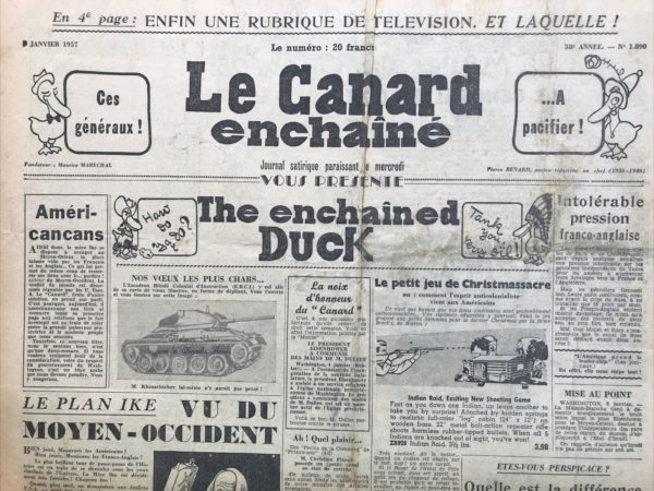 Couac ! | N° 1890 du Canard Enchaîné - 9 Janvier 1957 | Nos Exemplaires du Canard Enchaîné sont archivés dans de bonnes conditions de conservation (obscurité, hygrométrie maitrisée et faible température), ce qui s'avère indispensable pour des journaux anciens. | 1890