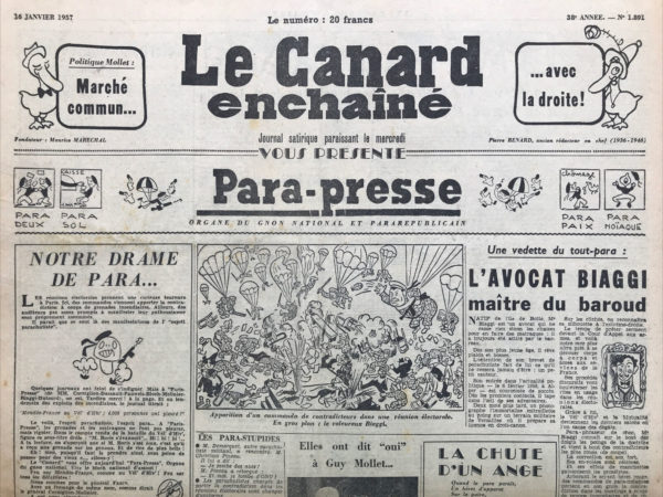 Couac ! | N° 1891 du Canard Enchaîné - 16 Janvier 1957 | Nos Exemplaires du Canard Enchaîné sont archivés dans de bonnes conditions de conservation (obscurité, hygrométrie maitrisée et faible température), ce qui s'avère indispensable pour des journaux anciens. | 1891