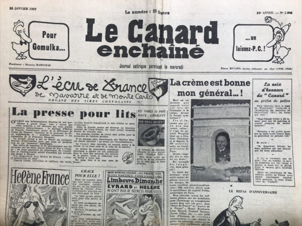 Couac ! | N° 1892 du Canard Enchaîné - 23 Janvier 1957 | Nos Exemplaires du Canard Enchaîné sont archivés dans de bonnes conditions de conservation (obscurité, hygrométrie maitrisée et faible température), ce qui s'avère indispensable pour des journaux anciens. | 1892