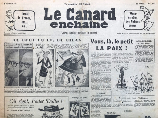 Couac ! | N° 1894 du Canard Enchaîné - 6 Février 1957 | Nos Exemplaires du Canard Enchaîné sont archivés dans de bonnes conditions de conservation (obscurité, hygrométrie maitrisée et faible température), ce qui s'avère indispensable pour des journaux anciens. | 1894