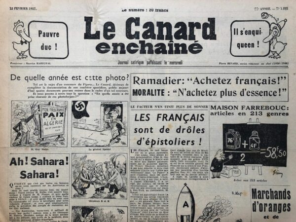 Couac ! | N° 1895 du Canard Enchaîné - 13 Février 1957 | Nos Exemplaires du Canard Enchaîné sont archivés dans de bonnes conditions de conservation (obscurité, hygrométrie maitrisée et faible température), ce qui s'avère indispensable pour des journaux anciens. | 1895 1