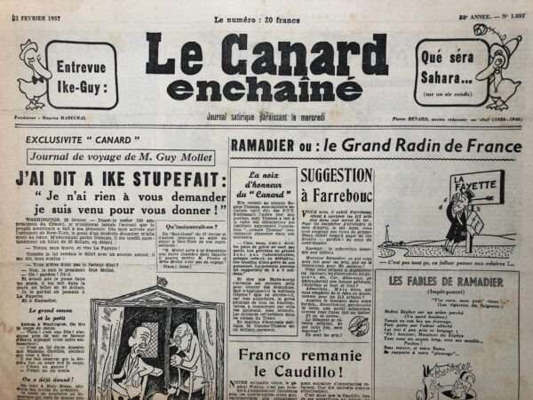 Couac ! | N° 1897 du Canard Enchaîné - 27 Février 1957 | Nos Exemplaires du Canard Enchaîné sont archivés dans de bonnes conditions de conservation (obscurité, hygrométrie maitrisée et faible température), ce qui s'avère indispensable pour des journaux anciens. | 1897 1