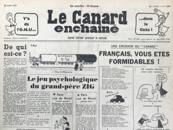 Couac ! | N° 1899 du Canard Enchaîné - 13 Mars 1957 | Nos Exemplaires du Canard Enchaîné sont archivés dans de bonnes conditions de conservation (obscurité, hygrométrie maitrisée et faible température), ce qui s'avère indispensable pour des journaux anciens. | 1899 e1679122534893