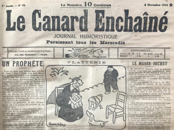 Couac ! | N° 19 du Canard Enchaîné - 8 Novembre 1916 | L'article "Pourquoi je ne puis pas partir... Intéressantes déclarations de M. Deibler", signé LE FOLLICULAIRE DE BELLEVUE et publié dans "Le Canard enchaîné" le 8 novembre 1916, présente une interview avec M. Deibler, surnommé "Monsieur de Paris", un bourreau célèbre de l'époque. L'article est rédigé avec une ironie mordante, soulignant la banalité et la routine de la vie d'un bourreau en temps de guerre. La scène se déroule dans un petit café d'Auteuil, où un journaliste, envoyé spécial, parvient à rencontrer et interviewer M. Deibler. L'interview est rendue possible grâce à un ami commun, ce qui montre que M. Deibler est devenu plus accessible qu'auparavant. Il n'a plus le "tranchant" d'antan et semble maintenant préoccupé et fatigué, portant des lunettes et négligeant sa toilette. La guerre semble avoir profondément changé son état d'esprit. Pendant l'entretien, M. Deibler exprime sa mélancolie et son sentiment d'inutilité. Malgré la guerre en cours, il se sent mis à l'écart, incapable de contribuer comme ses collègues, qui ont trouvé des emplois utiles dans des ateliers ou des usines. Il évoque avec amertume son incapacité à exercer son métier de bourreau, devenu superflu en temps de guerre, car les exécutions publiques ont été largement suspendues. M. Deibler se décrit comme un "cimetière abhorré de la lune", une image poétique et sombre qui reflète sa morosité. Il se considère comme inutile et non essentiel, alors que ses amis ont trouvé des moyens de se rendre utiles. Cette situation le pousse à se demander quel est son rôle et sa valeur dans un monde en conflit. Un des aspects les plus poignants de l'interview est l'évocation de "la Veuve", terme argotique pour désigner la guillotine. M. Deibler insiste sur le fait qu'il doit rester pour la protéger, car personne d'autre ne s'en occuperait s'il partait. Il exprime son attachement à cet instrument de mort, métaphoriquement décrit comme ayant des besoins et des exigences qu'il doit satisfaire. Ce passage ironique souligne la déshumanisation de son rôle et la dépendance absurde à une machine de mort. L'interview se termine sur une note sombre, avec M. Deibler affirmant qu'il ne peut pas abandonner "la Veuve", de peur qu'elle soit laissée à l'abandon ou maltraitée. Cette déclaration, bien qu'ironique, révèle une profonde tristesse et un sentiment de responsabilité perverti, montrant à quel point son identité est liée à son rôle de bourreau. En somme, cet article utilise l'ironie et l'humour noir pour explorer les contradictions et les absurdités de la vie d'un bourreau en temps de guerre. M. Deibler, autrefois craint et respecté, se trouve maintenant dans une position de vulnérabilité et de désespoir, cherchant un sens à son existence alors que le monde autour de lui est en proie au chaos. ancienne trace d'humidité visible sur l'image et présente sur les 4 pages | 19 2