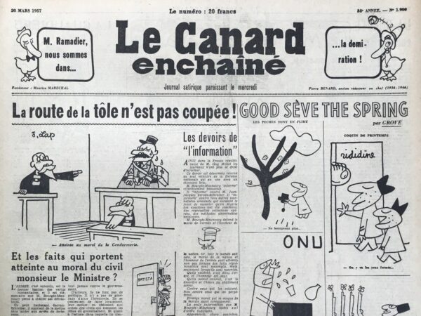 Couac ! | N° 1900 du Canard Enchaîné - 20 Mars 1957 | Nos Exemplaires du Canard Enchaîné sont archivés dans de bonnes conditions de conservation (obscurité, hygrométrie maitrisée et faible température), ce qui s'avère indispensable pour des journaux anciens. | 1900 e1723445669529