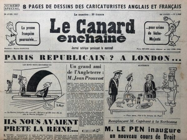 Couac ! | N° 1903 du Canard Enchaîné - 10 Avril 1957 | Nos Exemplaires du Canard Enchaîné sont archivés dans de bonnes conditions de conservation (obscurité, hygrométrie maitrisée et faible température), ce qui s'avère indispensable pour des journaux anciens. | 1903 1