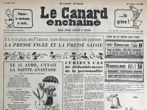 Couac ! | N° 1904 du Canard Enchaîné - 17 Avril 1957 | Nos Exemplaires du Canard Enchaîné sont archivés dans de bonnes conditions de conservation (obscurité, hygrométrie maitrisée et faible température), ce qui s'avère indispensable pour des journaux anciens. | 1904 e1723445551207