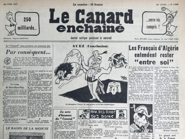 Couac ! | N° 1905 du Canard Enchaîné - 24 Avril 1957 | Le gouvernement est pour le rapprochement !... - Lettre absurde à un chef du F.L.N. par R. Tréno - Position du Canard vis à vis des attentats en Algérie - | 1905 e1723445947796