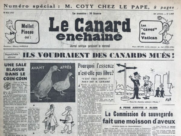 Couac ! | N° 1907 du Canard Enchaîné - 8 Mai 1957 | Nos Exemplaires du Canard Enchaîné sont archivés dans de bonnes conditions de conservation (obscurité, hygrométrie maitrisée et faible température), ce qui s'avère indispensable pour des journaux anciens. | 1907 e1723446092805