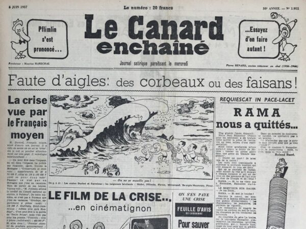 Couac ! | N° 1911 du Canard Enchaîné - 5 Juin 1957 | Nos Exemplaires du Canard Enchaîné sont archivés dans de bonnes conditions de conservation (obscurité, hygrométrie maitrisée et faible température), ce qui s'avère indispensable pour des journaux anciens. | 1911 e1723446615957