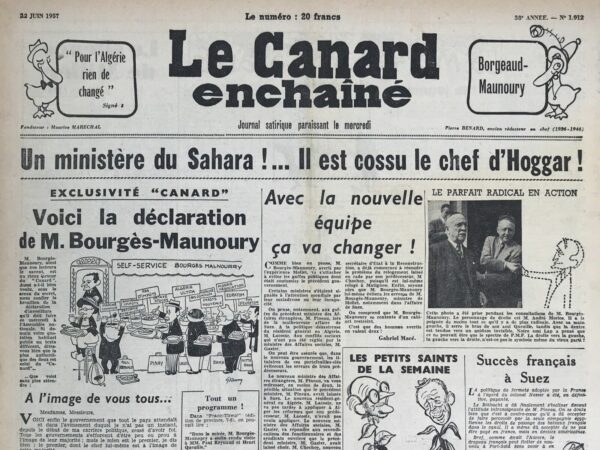 Couac ! | N° 1912 du Canard Enchaîné - 12 Juin 1957 | Nos Exemplaires du Canard Enchaîné sont archivés dans de bonnes conditions de conservation (obscurité, hygrométrie maitrisée et faible température), ce qui s'avère indispensable pour des journaux anciens. | 1912 e1723446708771