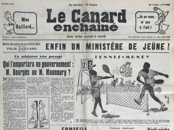 Couac ! | N° 1913 du Canard Enchaîné - 19 Juin 1957 | Nos Exemplaires du Canard Enchaîné sont archivés dans de bonnes conditions de conservation (obscurité, hygrométrie maitrisée et faible température), ce qui s'avère indispensable pour des journaux anciens. | 1913 e1723446770967