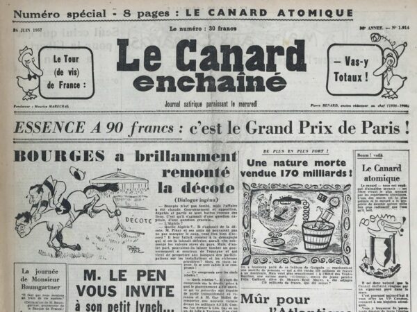 Couac ! | N° 1914 du Canard Enchaîné - 26 Juin 1957 | Nos Exemplaires du Canard Enchaîné sont archivés dans de bonnes conditions de conservation (obscurité, hygrométrie maitrisée et faible température), ce qui s'avère indispensable pour des journaux anciens. | 1914 e1723446826939