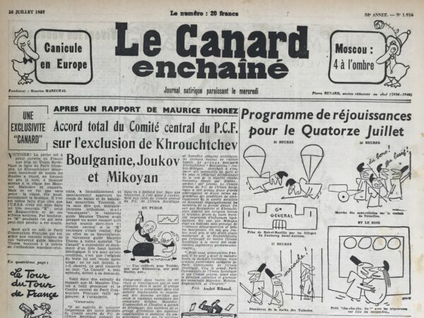 Couac ! | N° 1916 du Canard Enchaîné - 10 Juillet 1957 | Nos Exemplaires du Canard Enchaîné sont archivés dans de bonnes conditions de conservation (obscurité, hygrométrie maitrisée et faible température), ce qui s'avère indispensable pour des journaux anciens. | 1916 e1723446952370