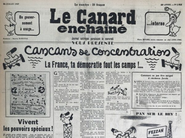 Couac ! | N° 1918 du Canard Enchaîné - 24 Juillet 1957 | Nos Exemplaires du Canard Enchaîné sont archivés dans de bonnes conditions de conservation (obscurité, hygrométrie maitrisée et faible température), ce qui s'avère indispensable pour des journaux anciens. | 1918 e1723447137599