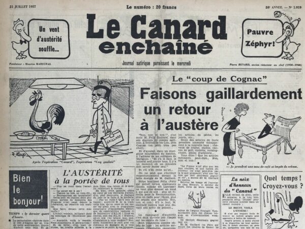 Couac ! | N° 1919 du Canard Enchaîné - 31 Juillet 1957 | Nos Exemplaires du Canard Enchaîné sont archivés dans de bonnes conditions de conservation (obscurité, hygrométrie maitrisée et faible température), ce qui s'avère indispensable pour des journaux anciens. | 1919 e1723447203271