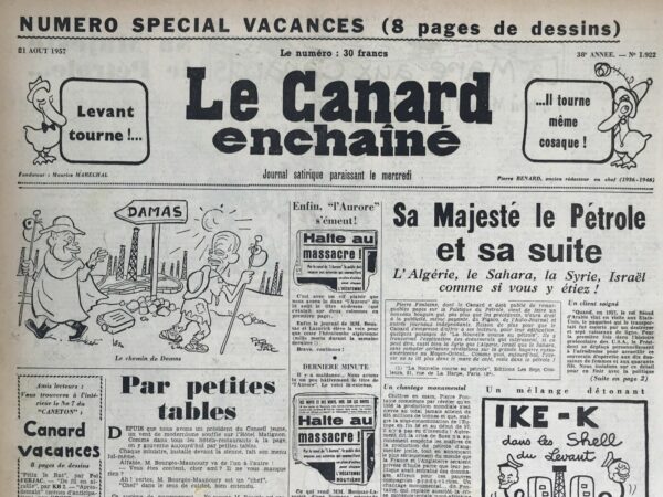 Couac ! | N° 1922 du Canard Enchaîné - 21 Août 1957 | Nos Exemplaires du Canard Enchaîné sont archivés dans de bonnes conditions de conservation (obscurité, hygrométrie maitrisée et faible température), ce qui s'avère indispensable pour des journaux anciens. | 1922 e1723447436686