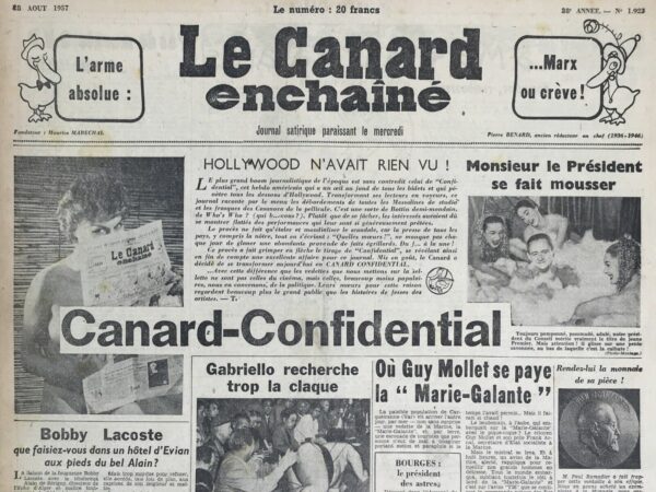 Couac ! | N° 1923 du Canard Enchaîné - 28 Août 1957 | Faits divers, Les paras terribles, par Arsène Ex-Lupin (Pierre Chatelain-Tailhade) - Maurice Audin, assistant à la faculté des Sciences de l'Université d'Alger, membre du parti communiste, 25 ans, disparait en Juin 1957, kidnappé par les parachutistes du 1er C.R.P.. Sa femme, ses enfants ni personne n'en apprendront jamais beaucoup plus... A la rôtissoire: Un traître nommé Céline (nouvelle version), par Jérôme Canard -   | 1923 e1723447664823