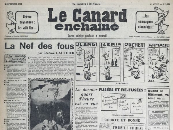 Couac ! | N° 1924 du Canard Enchaîné - 4 Septembre 1957 | Nos Exemplaires du Canard Enchaîné sont archivés dans de bonnes conditions de conservation (obscurité, hygrométrie maitrisée et faible température), ce qui s'avère indispensable pour des journaux anciens. | 1924 e1723447789527