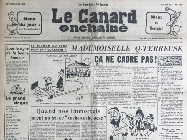 Couac ! | N° 1926 du Canard Enchaîné - 18 Septembre 1957 | Nos Exemplaires du Canard Enchaîné sont archivés dans de bonnes conditions de conservation (obscurité, hygrométrie maitrisée et faible température), ce qui s'avère indispensable pour des journaux anciens. | 1926 e1723447941397