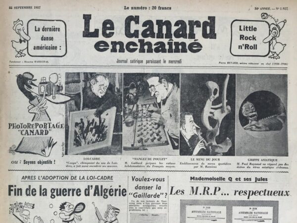 Couac ! | N° 1927 du Canard Enchaîné - 25 Septembre 1957 | Nos Exemplaires du Canard Enchaîné sont archivés dans de bonnes conditions de conservation (obscurité, hygrométrie maitrisée et faible température), ce qui s'avère indispensable pour des journaux anciens. | 1927 e1723447998698