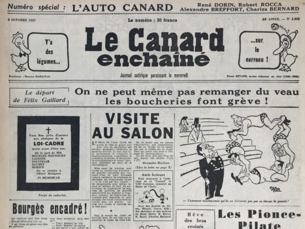 Couac ! | N° 1928 du Canard Enchaîné - 2 Octobre 1957 | Nos Exemplaires du Canard Enchaîné sont archivés dans de bonnes conditions de conservation (obscurité, hygrométrie maitrisée et faible température), ce qui s'avère indispensable pour des journaux anciens. | 1928 e1723448089492