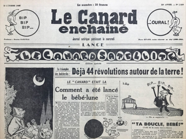 Couac ! | N° 1929 du Canard Enchaîné - 9 Octobre 1957 | Nos Exemplaires du Canard Enchaîné sont archivés dans de bonnes conditions de conservation (obscurité, hygrométrie maitrisée et faible température), ce qui s'avère indispensable pour des journaux anciens. | 1929