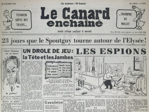 Couac ! | N° 1931 du Canard Enchaîné - 23 Octobre 1957 | Albert Camus l'Algérien, par Morvan Lebesque - Très bel hommage à Albert Camus à l'occasion de son prix Nobel, sur fond d'Algérie. | 1931 e1723449532256