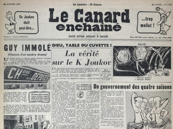 Couac ! | N° 1932 du Canard Enchaîné - 30 Octobre 1957 | Nos Exemplaires du Canard Enchaîné sont archivés dans de bonnes conditions de conservation (obscurité, hygrométrie maitrisée et faible température), ce qui s'avère indispensable pour des journaux anciens. | 1932 e1723449588500