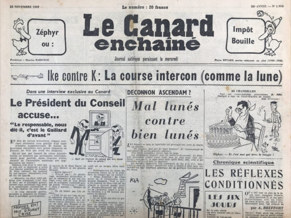 Couac ! | N° 1934 du Canard Enchaîné - 13 Novembre 1957 | Nos Exemplaires du Canard Enchaîné sont archivés dans de bonnes conditions de conservation (obscurité, hygrométrie maitrisée et faible température), ce qui s'avère indispensable pour des journaux anciens. | 1934