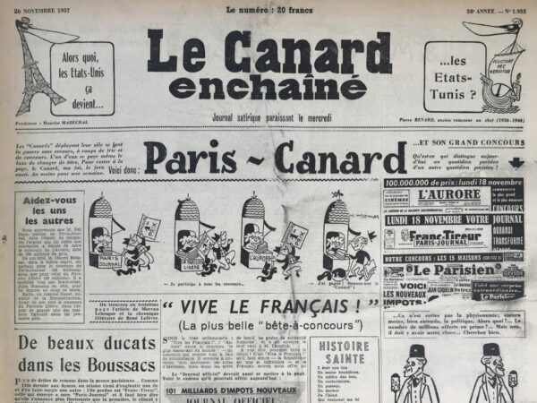 Couac ! | N° 1935 du Canard Enchaîné - 20 Novembre 1957 | Nos Exemplaires du Canard Enchaîné sont archivés dans de bonnes conditions de conservation (obscurité, hygrométrie maitrisée et faible température), ce qui s'avère indispensable pour des journaux anciens. | 1935 e1723449073161