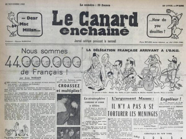 Couac ! | N° 1936 du Canard Enchaîné - 27 Novembre 1957 | Nos Exemplaires du Canard Enchaîné sont archivés dans de bonnes conditions de conservation (obscurité, hygrométrie maitrisée et faible température), ce qui s'avère indispensable pour des journaux anciens. | 1936 e1723449140656