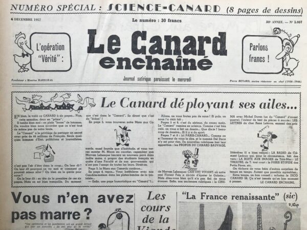 Couac ! | N° 1937 du Canard Enchaîné - 4 Décembre 1957 | Nos Exemplaires du Canard Enchaîné sont archivés dans de bonnes conditions de conservation (obscurité, hygrométrie maitrisée et faible température), ce qui s'avère indispensable pour des journaux anciens. | 1937 e1723449212716