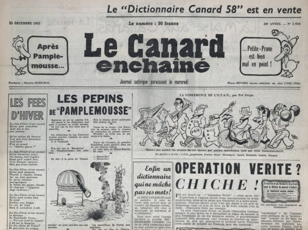 Couac ! | N° 1938 du Canard Enchaîné - 11 Décembre 1957 | Nos Exemplaires du Canard Enchaîné sont archivés dans de bonnes conditions de conservation (obscurité, hygrométrie maitrisée et faible température), ce qui s'avère indispensable pour des journaux anciens. | 1938 e1723449274822