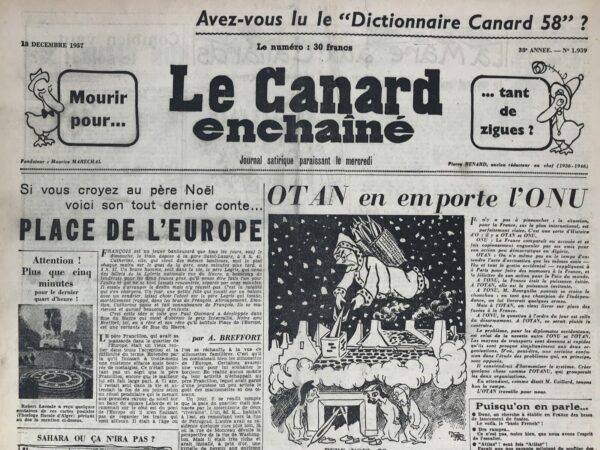 Couac ! | N° 1939 du Canard Enchaîné - 18 Décembre 1957 | Nos Exemplaires du Canard Enchaîné sont archivés dans de bonnes conditions de conservation (obscurité, hygrométrie maitrisée et faible température), ce qui s'avère indispensable pour des journaux anciens. | 1939 e1723449333427