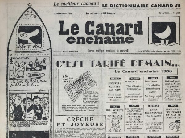 Couac ! | N° 1940 du Canard Enchaîné - 25 Décembre 1957 | Nos Exemplaires du Canard Enchaîné sont archivés dans de bonnes conditions de conservation (obscurité, hygrométrie maitrisée et faible température), ce qui s'avère indispensable pour des journaux anciens. | 1940 e1723449386241