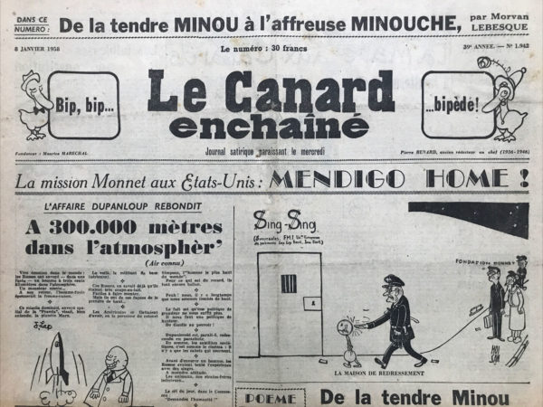 Couac ! | N° 1942 du Canard Enchaîné - 8 Janvier 1958 | Nos Exemplaires du Canard Enchaîné sont archivés dans de bonnes conditions de conservation (obscurité, hygrométrie maitrisée et faible température), ce qui s'avère indispensable pour des journaux anciens. | 1942