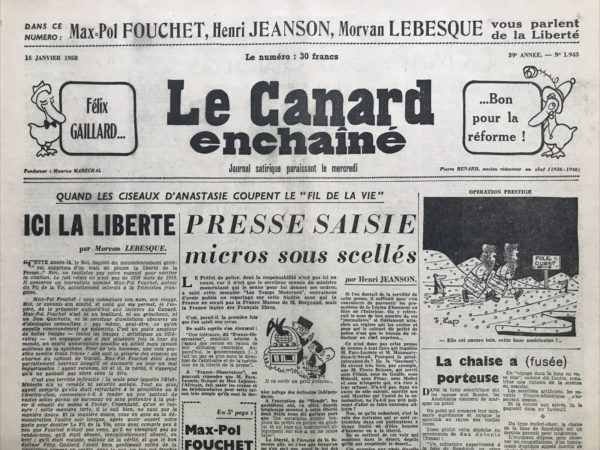 Couac ! | N° 1943 du Canard Enchaîné - 15 Janvier 1958 | Nos Exemplaires du Canard Enchaîné sont archivés dans de bonnes conditions de conservation (obscurité, hygrométrie maitrisée et faible température), ce qui s'avère indispensable pour des journaux anciens. | 1943