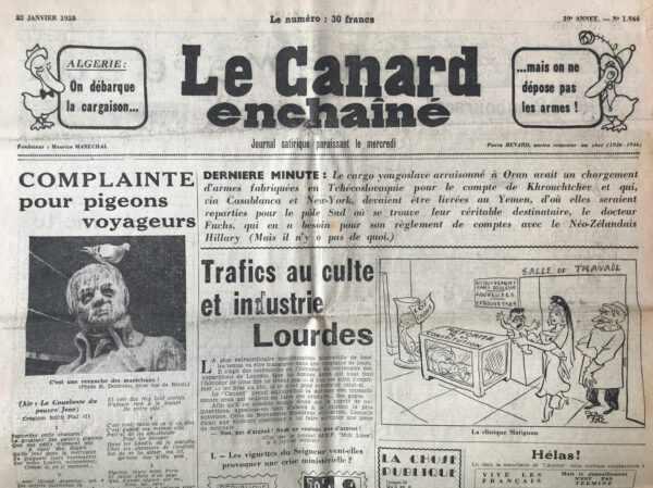 Couac ! | N° 1944 du Canard Enchaîné - 22 Janvier 1958 | Tintin à la recherche du veau d'or, planche de J. LAP (Jacques Laplaine) - Tintin comme véhicule de la critique dans Le Canard enchainé, est ici emprunté pour la première fois à Hergé. Le journal utilise fréquemment des figures du Panthéon littéraire francophone pour ironiser sur l'actualité politique. Ici, une allégorie biblique qui évoque le danger que la guerre d'Algérie fait courir à la Quatrième république, avec une Marianne se faisant cueillir par les Dupond(t) en arrivant chez Tintin, pour "atteinte au moral de l'armée". | 1944 e1710603929396