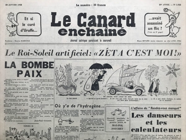 Couac ! | N° 1945 du Canard Enchaîné - 29 Janvier 1958 | Nos Exemplaires du Canard Enchaîné sont archivés dans de bonnes conditions de conservation (obscurité, hygrométrie maitrisée et faible température), ce qui s'avère indispensable pour des journaux anciens. | 1945