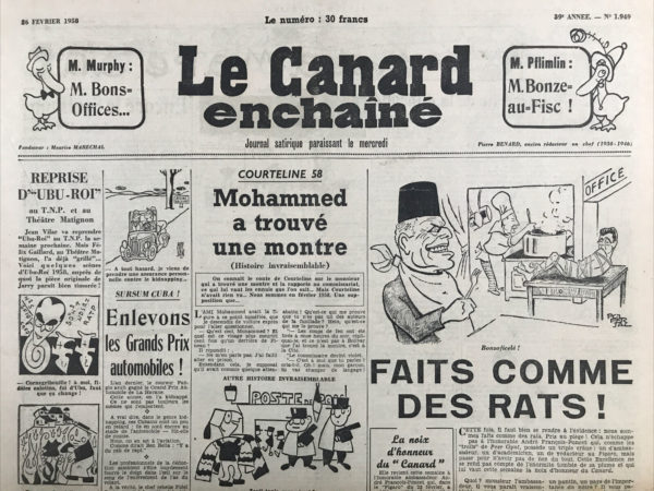 Couac ! | N° 1949 du Canard Enchaîné - 26 Février 1958 | Nos Exemplaires du Canard Enchaîné sont archivés dans de bonnes conditions de conservation (obscurité, hygrométrie maitrisée et faible température), ce qui s'avère indispensable pour des journaux anciens. | 1949